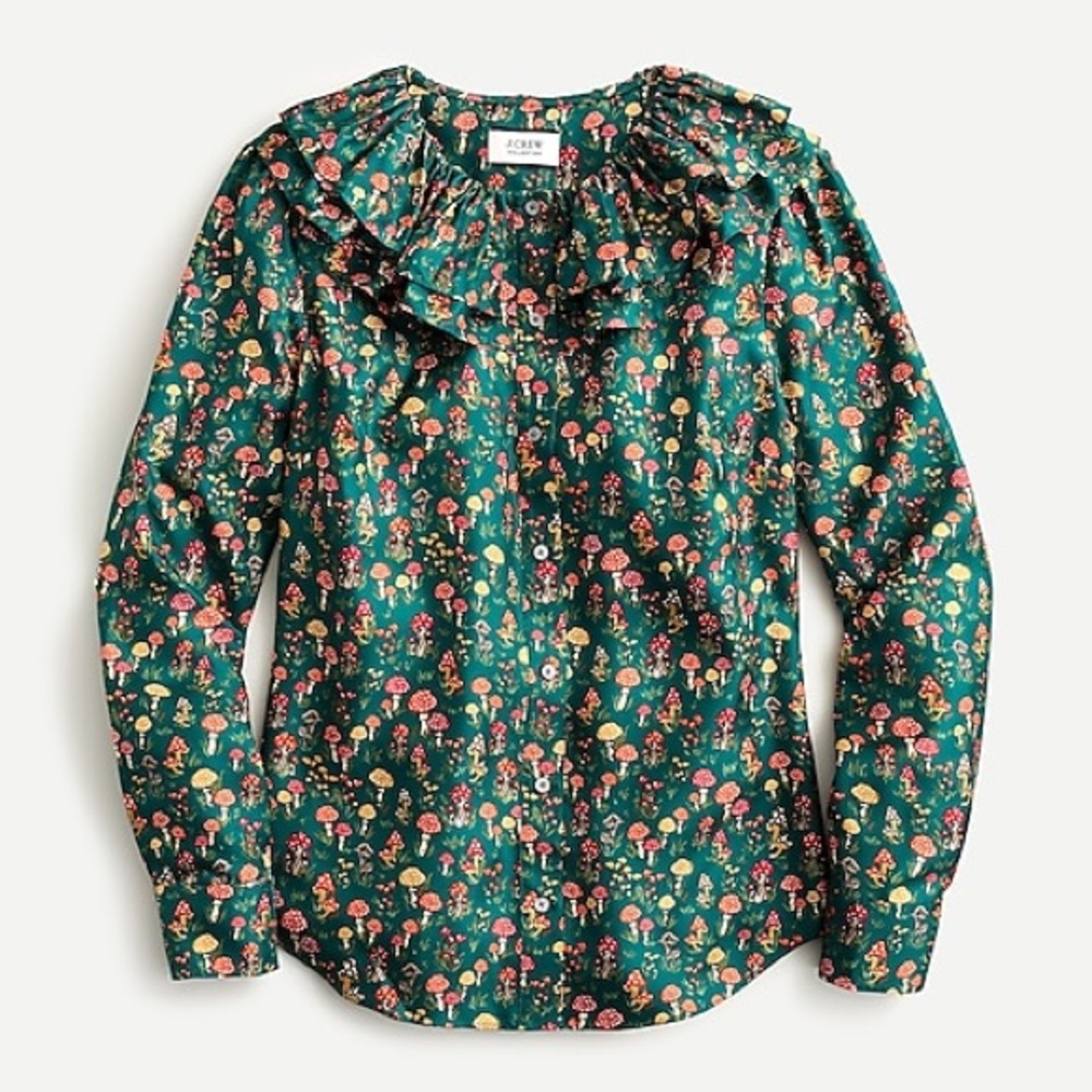 J Crew Silk-twill ruffle-collar top L & XL